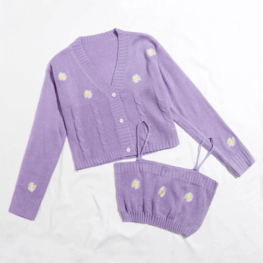 Button Front Embroidered Detail Cardigan With Cami